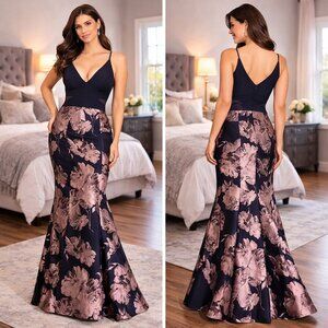 NWT Xscape Navy Floral Brocade Mermaid Gown $249